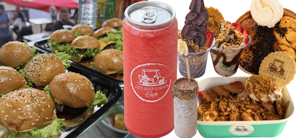 Burgers and thickshakes on a table at the City Golf Gordon cafe